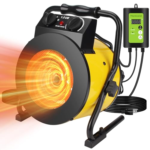 Greenhouse Heater with Thermostat, 1500W Outdoor Heaters for Patio, Fast Heating, Overheat Protection, Electric Space Heaters for Greenhouse, Grow Tent, Patio, Garage, Indoor(Yellow)