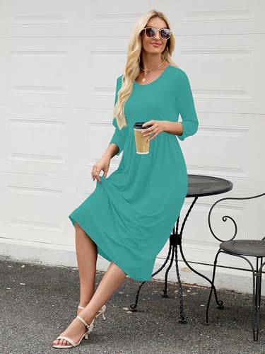 Image of Heymoments Women's Casual 3 /4 Sleeve Midi Dress Crewneck A Line Tiered Flowy Loose Travel Long Dresses with Pockets