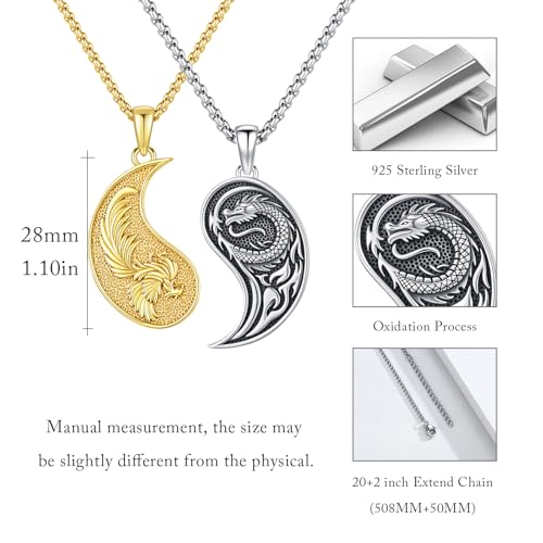 MEDWISE Dragon Phoenix Yin Yang Necklace Double 925 Sterling Silver Dragon Phoenix Pendant Partner Friendship Couples BFF Pendant Necklace Yin Yang Jewelry Matching Set for Her Him Women Men3