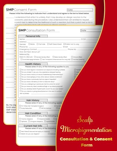 SMP Consultation and Consent Form: Scalp Micropigmentation Intake Form. for PMU Scalp Tattoo Professional Pigmentation 8.5 x 11” ( 50 Intake 50 Consent Forms)