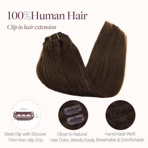 Image of GOO GOO Clip in Hair Extensions Real Human Hair, Remy Human Hair Extensions Clip ins for Women, Natural Human Hair, 16inch 150g 9Pcs, 4A Chocolate Brown