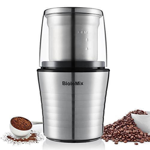 FHRKA Molinillo de café eléctrico con Cepillo de Limpieza, Cuchara medidora y 2 recipientes extraíbles para Especias, Frutos Secos e Ingredientes húmedos, Cuchilla de Acero Inoxidable.