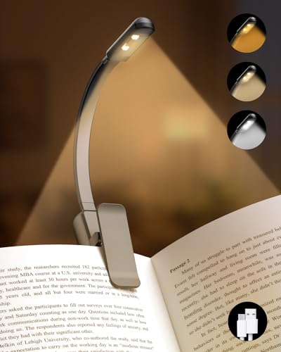 Book Light,Reading Lights for Books in Bed,Clip-On Led Reading Light with 3 Colors & Stepless Dimming,Portable and Ultra-Lightweight with Long Runtime (Black)