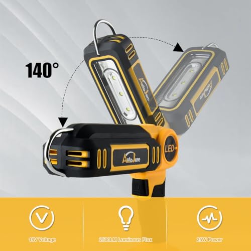 AUTOJARE Cordless LED Work Light for Dewalt 20V 2500LM Battery Light with Hook Portable 2 Lighting Modes Inspection Light for Car Repair, Workshop, Camping, Outdoor (NO Battery) - Thumbnail 5