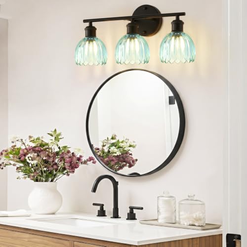 Image of Bathroom Light Fixtures, 3-Light Brushed Black Vanity Lights for Bathroom with Blue Tulip Glass Shade, 20 inch Vintage Bathroom Vanity Lighting Fixtures Over Mirror for Bedroom Living Room Hallway