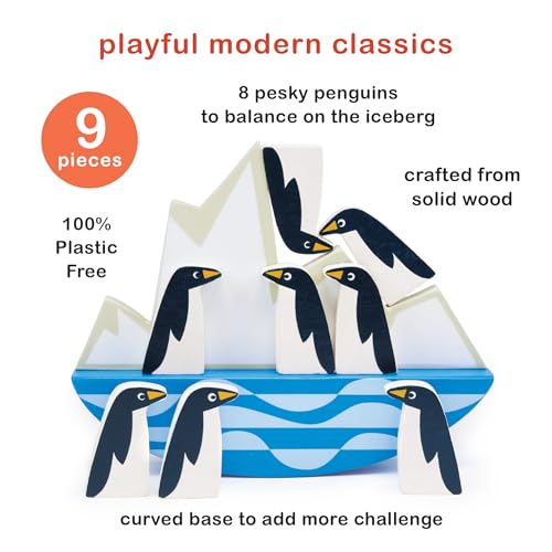 Image of Mentari Wooden Balancing Toy with 8 Penguins on Rocking Iceberg, 7.68-inch Length, Imaginative Play