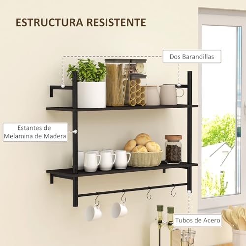 HOMCOM Estante de Pared de 2 Niveles Estante Flotante Repisas de Pared con 4 Ganchos 2 Estantes y Marco de Acero para Entrada Salón Dormitorio 80x24x65 cm Negro - imagen 5