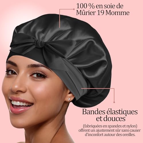 GOLDEN STAR BEAUTY Bonnet en Soie - 100% Soie de mûrier - Bonnet de Sommeil en Soie - pour Femmes - Bonnet de Nuit pour Cheveux bouclés - Turban en Satin de Soie (Noir) – vue 2