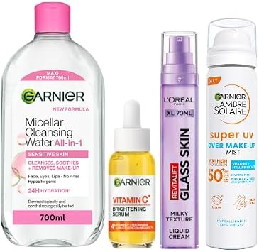Glow & Hydrate - Garnier Micellar Cleansing Water 700ml, Garnier Vitamin C* Brightening Serum for Face, L'Oreal Paris Revitalift Filler Glass Skin Liquid Cream, Ambre Solaire Over Makeup Mist SPF50+
