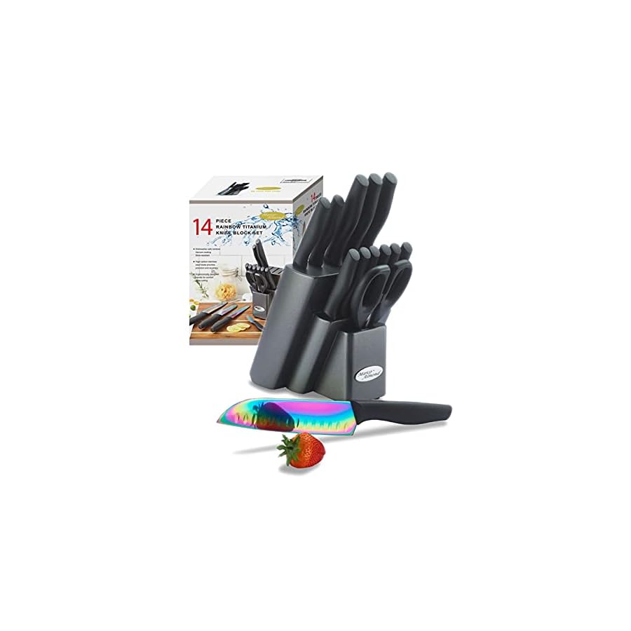 DISHWASHER-SAFE-KYA25-Rainbow-Titanium-Cutlery-Knife-Set-Marco-Almond-14-Piece-Kitchen-Knives-Block-Sets-Black Marco Almond 11 Piece Knife Set with Block