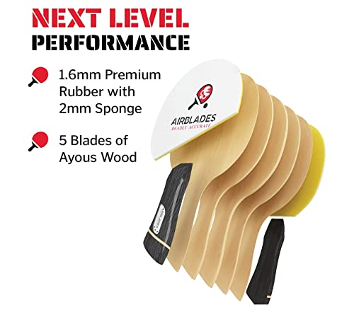 Airblades Professional Ping Pong Paddles Set Of 2 + Two Spare Rubbers | Pro Table Tennis Racket With Hard Carry Case |Ergonomic Handle | 5 Blades Of Wood With Premium Rubber And Sponge #TOP5