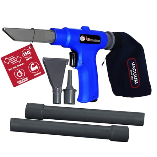 LEMATEC Dual-Action Pneumatic Vacuum & Air Blow Gun with 6 Attachments - 150 PSI Multi-Functional Air Compressor Tool for Automotive & Workshop Cleaning - Vacuum-blower