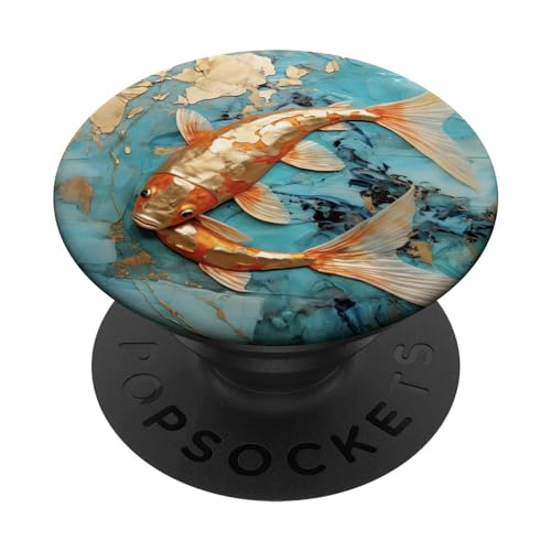 Radiant Ripples Kintsugi Echoes with Golden Koi PopSockets Swappable PopGrip, Black