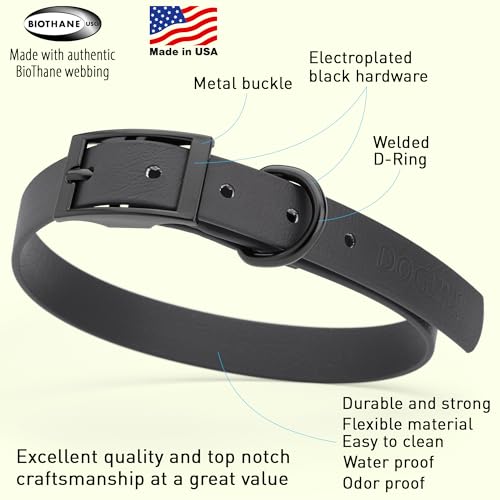 Image of Dogline Biothane Waterproof Dog Collar Strong Coated Nylon Webbing with Black Hardware Odor- Proof for Easy Care Easy to Clean High Performance Fits Small Medium or Large Dogs, Black
