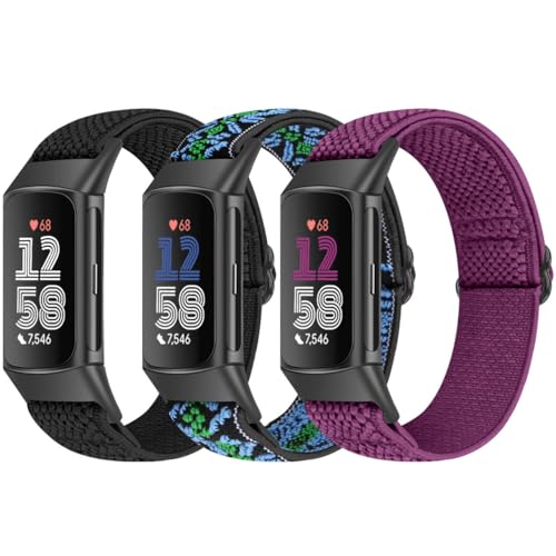 Bcuckood 3 Stück Elastisches Armband Kompatibel mit Fitbit Charge 6/Charge 5 für Damen Herren, Verstellbares Nylon Sport...