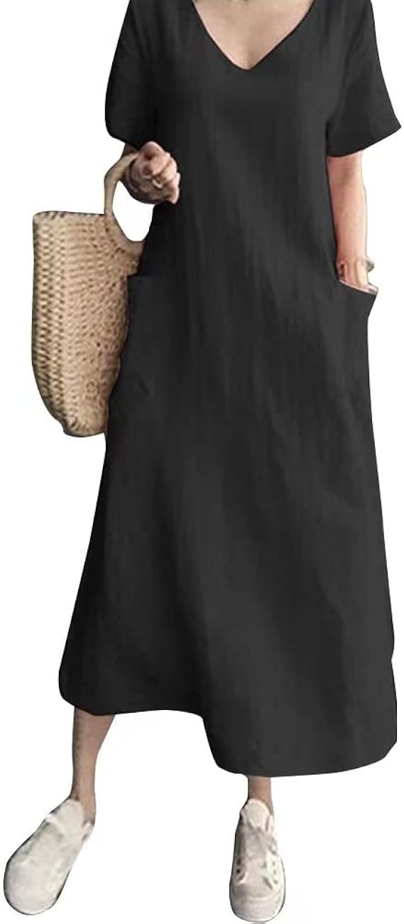 Amazon Co Jp リネン ワンピース ナチュラル 半袖 コットン リネン混 綿 麻 体型カバー ゆったり ロング丈 ミモレ丈 レディース ワンピ ドレス シャツワンピ 涼しい 大きいサ ファッション