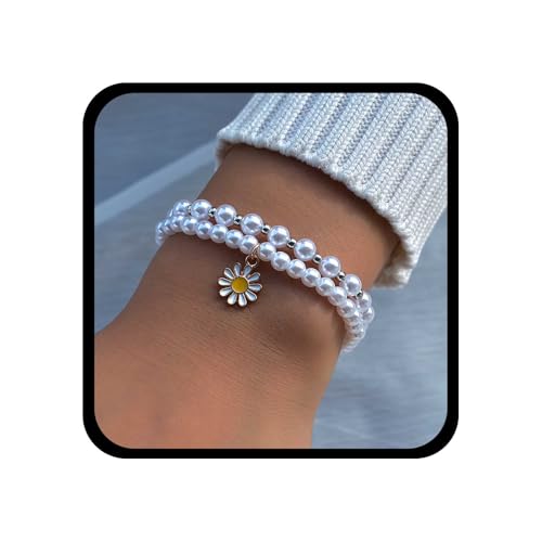 Cybche Boho Capas Pulsera De Perlas Pulsera De Flores Blancas Margarita Pulsera...