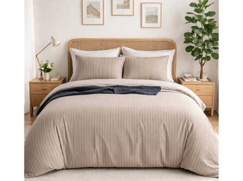 Image of Linen & Loom Elegance Series (90x100 Inches) Premium Satin Stripe Bedsheet Set with Pillow Covers | Soft Cotton Blend | Elegant Hotel Style Bedding || 200 TC (Beige)