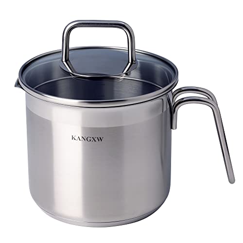 KANGXW Stainless Steel Milk Pot, 1.5 Quart Pan, With Pour Spout and Filter Glass Lid Induction Milk Pots, Sauce, Gravy, Pasta Stock Pot (1.5qt)