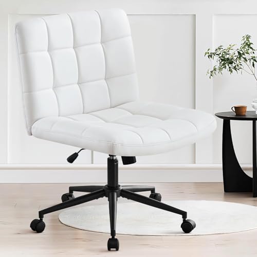 Image of Nutech Decor Armless Office Desk Chair - Linen Fabric Padded Swivel Adjustable Home Office Chair with 360 Wheels, Wide Criss Cross for Desk, Living Room (ND-Pu-ivorywhite-Wheel)