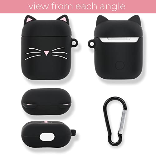 Megantree Cute Airpods Case, Airpods 2 Case, Black Whisker Cat Kitty Funny Kawaii 3D Cartoon Animals Full Protection Shockproof Soft Silicone Charging Case Cover Skin With Keychain For Girl Women Kids #TOP4