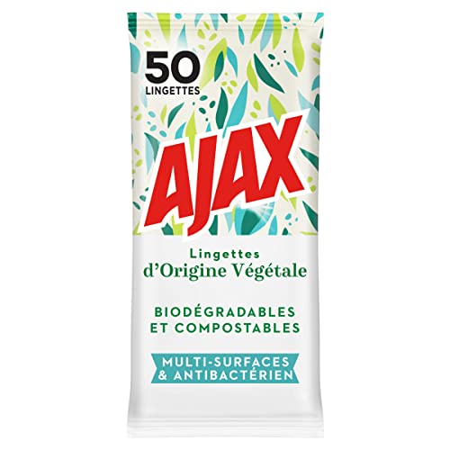 AJAX Lingettes Végétales Désinfectantes Multi-Surfaces Biodégradables/Compostables sans Rinçage, 50 Unités