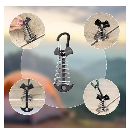 Anclajes para terraza con mosquetones - Pack de 12 piezas, anclajes de aluminio 7075, estacas de tienda estilo espina de pez, tensores y ajustadores de cuerda a prueba de viento para tiendas, toldos y muebles de camping negro miniatura 6