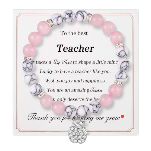 Image of Teacher Appreciation Gift, Teacher Appreciation Bracelet First Day of School Stone Teacher Gifts Apple Bracelet with Card & Storage Bag Bead Bracelet for Graduation Teacher's Day (Pink White)
