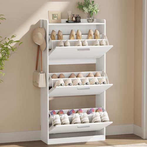 Draelibor Shoe Cabinet Organizer with 3 Flip Drawers & 3-Tier Adjustable Shelves, Freestanding Shoe Rack Cabinet, Narrow Shoe Storage for Entryway, Foyer, Hallway, White, 23.6' W × 9.4' D × 47.2' H