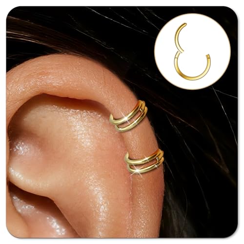 14K Gold Plated Gold Cartilage Hoop Earrings Double Hoop 16G Helix Earrings with 3 Pairs Threadless Flat Back Studs, 316L Surgical Steel Hypoallergenic Piercing Jewelry for Women & Men4