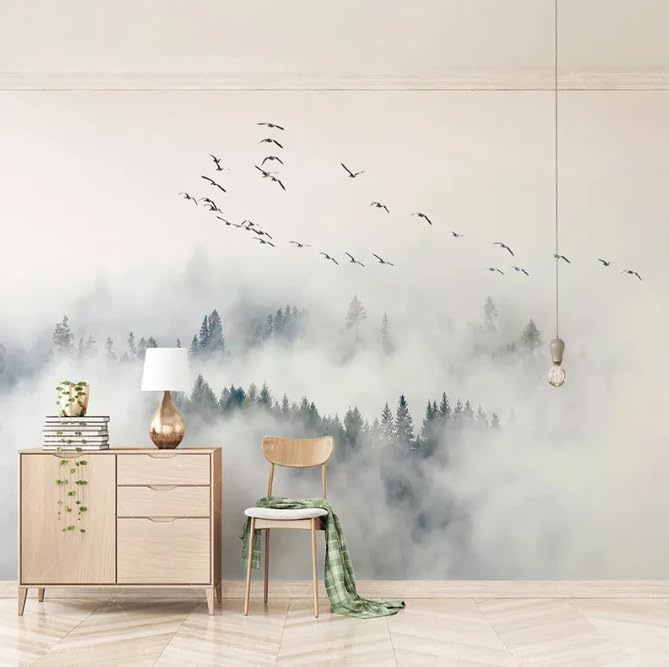 Papier peint photo forêt moderne et oiseaux au design artistique épuré