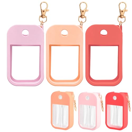 ZHABAYEN 3PCS Hand Sanitizer Spray Case with Keychain, Thickened Silicone Protective Case for Hand Sanitizer Mist 1 fl oz, Anti-Slip Grip, Travel Cover Sleeve (Red, Pinkish, Orange)