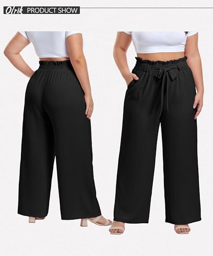 OLRIK Women's Plus Size Pants Summer High Waisted Wide Leg Casual Trousers with Pockets Self-Tie Belt (1X-5X)2