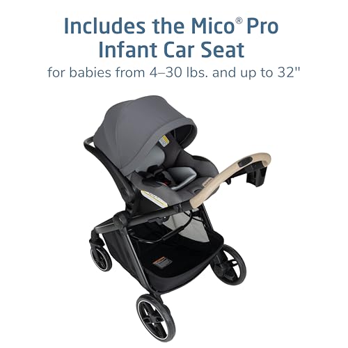 Image of Maxi-Cosi Zelia Pro 5-in-1 Travel System with Mico Pro Infant Car Seat and Baby Stroller Combo, Reversible Seat, Large Wheels, Adjustable Handle, Newborn to Toddler, Lightweight, Sea Salt