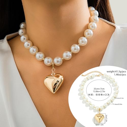 Heart Necklaces for Women Gold Chunky Heart Necklace Pearl Beads Choker Necklaces Y2k Necklace Trendy Jewelry Accessories Gifts2