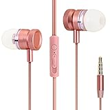 Teleson Earphone Wired Earbuds Metal In-ear Headphones with Microphone Music with HIFI Stereo Bass Earphones for 3.5mm Interface MK201(Pink)