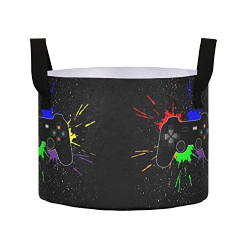 A Game Joystick and Multi-Colored Splashes on a Black Galaxy Space 3 Gallon Grow Bags, Heavy Duty 450 G Thick Felt Cloth Fabric Plant Pots with Handles for Garden Potato Fruits Vegetables Flowers