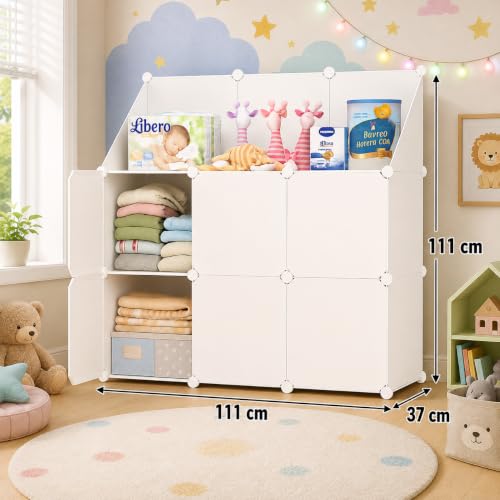 Image of LUHI Plastic Wardrobe for Kids Clothes ? Easy to Use Anti-Skid & Non-Slip Effective Professional, Plastic Cupboard for Kids, Foldable Almirah, Collapsible Wardrobe (White HH2, 7-Shelf-6-Door)