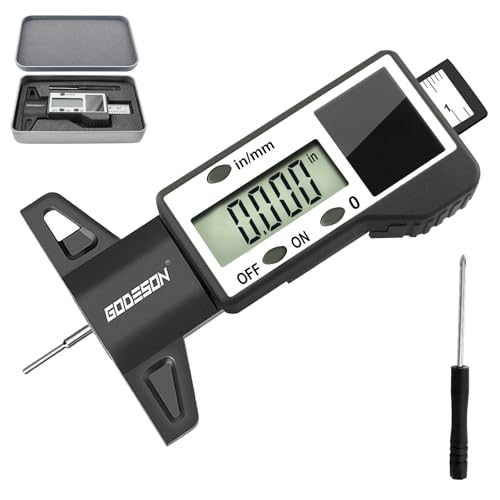 Image of GODESON Digital Tire Tread Depth Gauge, Solar & Battery Power,1 inch / 25.4mm Range, Inch /MM Display, Black Universal Tire Wear Depth Gauge for All Vehicles (Car, Truck, SUV)