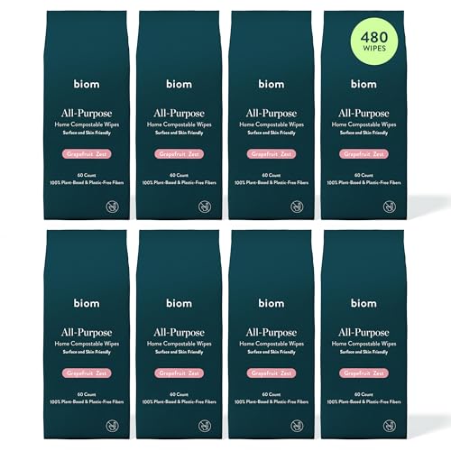 Biom All-Purpose Cleaning Wipes Refill (8pk x 60ct Each) - Biodegradable All Natural Plant-Based Non-Toxic Wipes for Home & Travel - Kid & Pet Friendly (Grapefruit)
