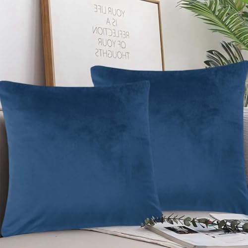 AMFUN Set of 2 Velvet Cushion Covers Navy Blue 45 x 45 cm Luxury Velvet Square Throw Pillow Cases Decorative Throw Pillowcases with Invisible Zipper for Livingroom Sofa Bedroom