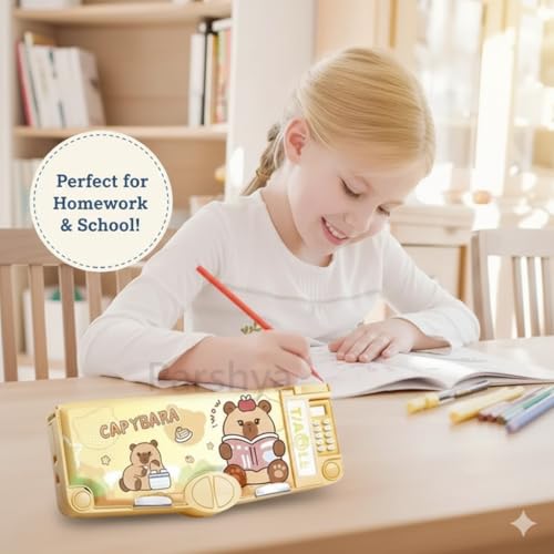 Image of KiddieWorld Capibara Multifunction Pencil Box for Kids with Calculator, Sharpener, Scissor Pop-Out, Magnetic Closure, Large Capacity Double-Sided Storage | Cute Cartoon Pencil Case