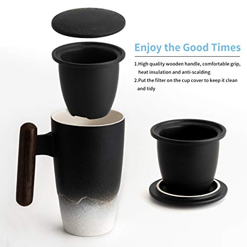 Tomotime Ceramic Tea Cup with Infuser and Lid Tea Mugs Wooden Handle 400ml/13.4oz Black