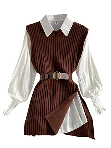 Women Black Knitting Vest Belt Shirt Turn-Down Collar Long Sleeve Two Piece Spring Brown One Size