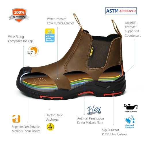 SAFETOE Mens Work Boots Composite Toe Chelsea Safety Boots Slip On Cow Leather Waterproof Lightweight Working Boots2