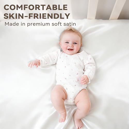 Image of Pro Goleem 2 Pack Satin Crib Sheet for Baby Hair Care - Oeko-TEX Certified Silky Soft Fitted Mattress Cover 28x52 - Breathable & Gentle on Skin, Snug Fit for Standard Crib (White and Gray)