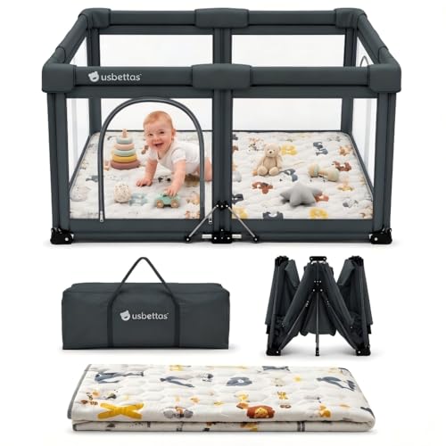 Image of Foldable Baby Playpen with Mat, 50 inchx50 inch, Dark Gray
