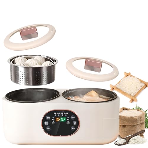 Double Spelling Low Sugar Rice Cooker, 1.8L+1.8l Double Slow Cooker, 1 Steel Cage, 6 Functions, Non-stick Liner, Timer and Keep Warm Function, for Cooking Porridge and Heating Rice