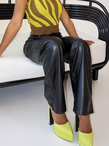 hibshaby Faux Leather Pants for Women High Waisted Straight Leg Long Pants3