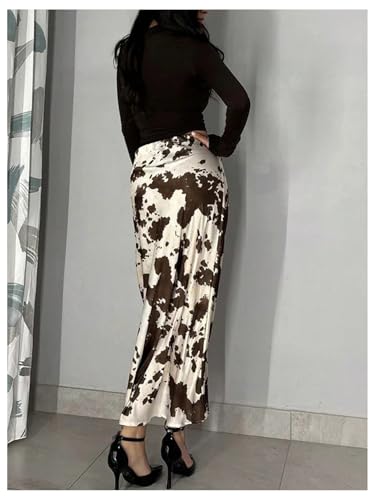 MakeMeChic Women's Satin Cow Print Maxi Skirt Silk Fishtail Belted Skirts3